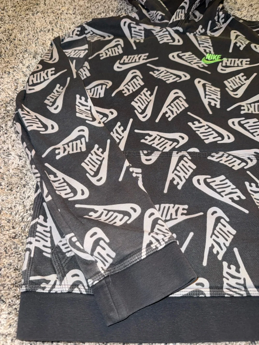 Nike Black Hoodie with White All-Over Swoosh Print and Neon Green Accent Youth L